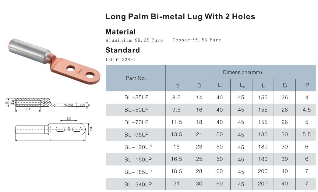 Long Palm Bi-metal Lug With 2 Holes